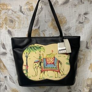 Vintage Elegant Black Faux Leather Asian Tapestry Beaded Elephant Print Tote Bag
